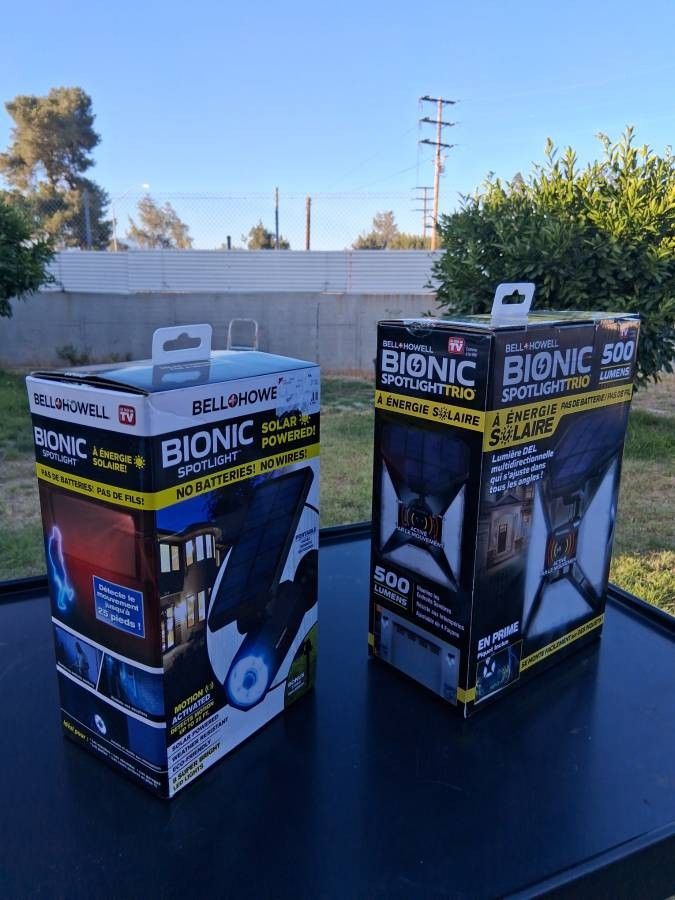 two Bionic Spotlight Trio, Solar Powered, Motion Sensor, new - $35.. Both, Firm On Price