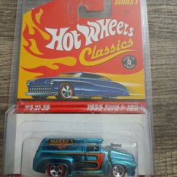 Hot Wheels Classics Series 1, 1956 Ford F-100 diecast model, #4 of 25, with a blue-green paint job and a "Matty's Speed Shop" design