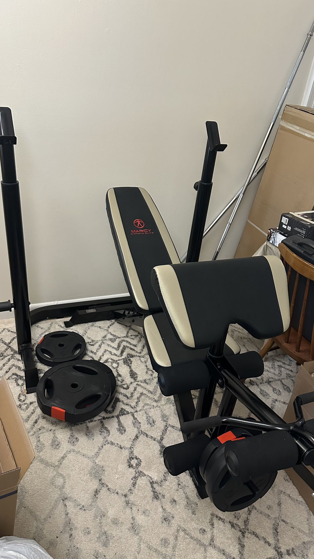 Weight Bench, Weights, and Barbells