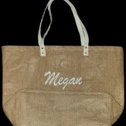 Personalized Burlap Tote Bag Embroidered Name "Megan" 