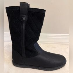 Chanel Black Nubuck Quilted Boots, Size 39