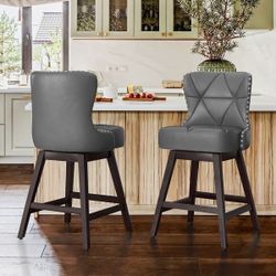 Dark Grey Leather Swivel Barstool Set Of 2 