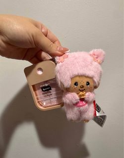 Monchhichi pink keychain with hand sanitizer🩷