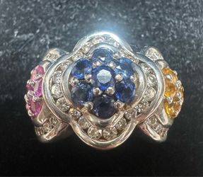 18k heavy white gold sapphire/ruby/citrine/diamond ring 14.4 grams