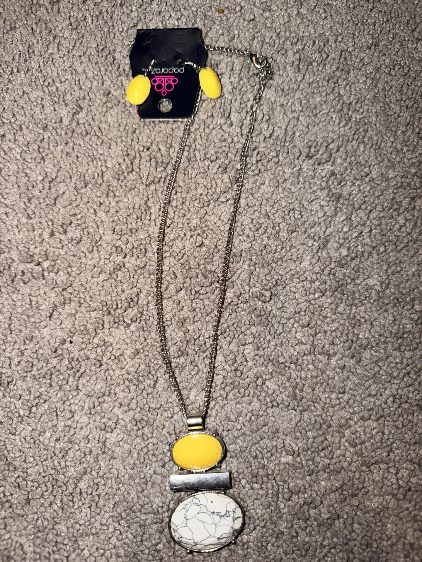 Paparazzi Yellow, Silver, And White Necklace Set With Earrings