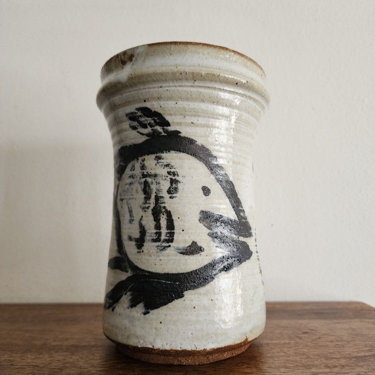 Vintage Handmade Artist Sign Nancy Pawel Fish Sketch Pottery Vase