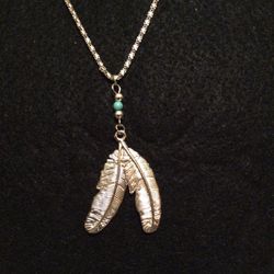 Boho Silvertone feather Pendant & Bead Necklace 