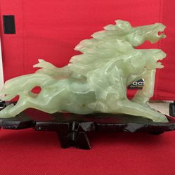 Green Carved Jade Horses Statue with Wooden Stand