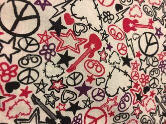 Skelanimals Peace Heart Skull guitar black & red on white cotton fabric price per yard