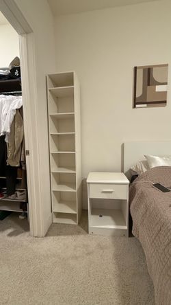 (2) White Nightstand + Tall Shelf / Bookcase – Modern, Clean, Great Condition