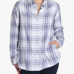 Jachs Girlfriend Women Plaid Button-Up Shirt Blue/White Long Sleeve Soft Flannel