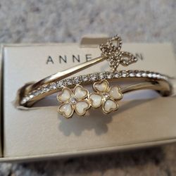 Gold-Tone Pavé Butterfly & Mother-of-Pearl Flower Bangle Bracelet