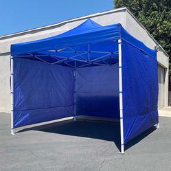 (New in box) $129 Heavy Duty 10x10ft Popup Canopy with 3 Sidewalls, White/Blue