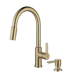 Brand New in Box Glacier Bay Paulina Single Handle Pull Down Sprayer Kitchen Faucet with TurboSpray, FastMount Soap Dispenser Matte Gold