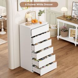 White Dresser, 6 Drawer Dresser, Modern Tall Floor Storage Cabinet with Metal Sliding Rail, Wooden Handleless Drawer Cabinet, 6-Layer Large Capacity V