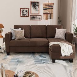 New Convertible Sectional Sofa Couch, Modern Linen Fabric L-Shaped Couch 3-Seat Sofa Sectional with Reversible Chaise for Small Living Room, Apartment