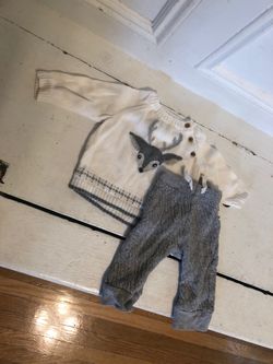 Janie and jack baby sweater and burts bees pants.