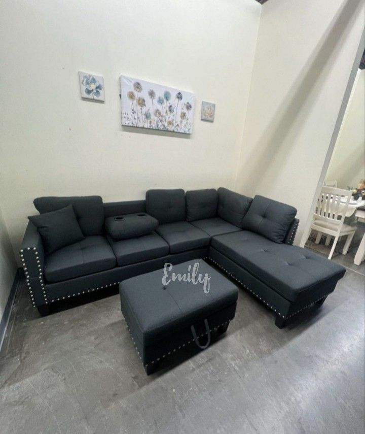 3-Pc Stylish Black Linen Like Fabric Sectional Sofa W Storage Ottoman