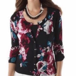 White House Black Market Teal Pink Floral Print Cardigan 