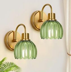 2-Pack Brushed Gold Bathroom Vanity Light, Single-Head Wall Sconce with Ribbed Green Tulip Glass