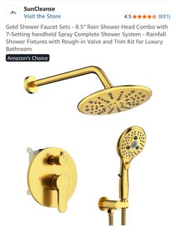 Gold Shower Faucet Sets - 8.5" Rain Shower Head Combo with 7-Setting handheld Spray Complete Shower System - Rainfall Shower Fixtures with Rough-in Va
