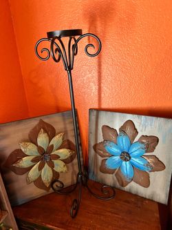 Two Metal Flower Pictures with Metal 26 inch Candle Holder