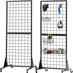 2-Pack Gridwall Panel Display Stand Heavy Duty Removable Floor Mounted Detachable Grid Display Stand 2' x 5.5' Ft Display with Additional Hook
