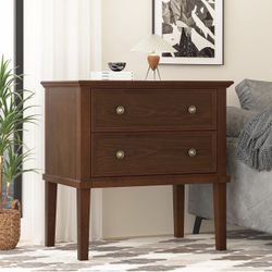 IKENO Solid Wood Nightstand with 2 Drawers, Wooden Bed Side Table, Tall Wooden Night Stand, End Table with 2 Drawers for Bedroom or Living Room, Walut