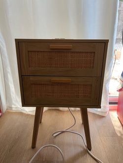 Rattan Nightstand with Charging Station – Excellent Condition