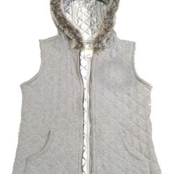 Women's Girls Grey Silver Puffer Fur Hooded Quilted Vest AU LIEU Size S