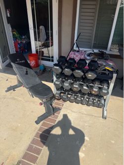 Rubber hex dumbbells weights 5-50 plus rack and adjustable titan bench