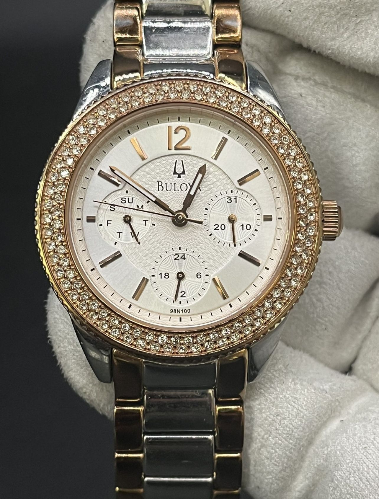 Bulova Women’s Crystal Quartz Stainless Steel 38MM Silver Dial Watch 98N100 *4890