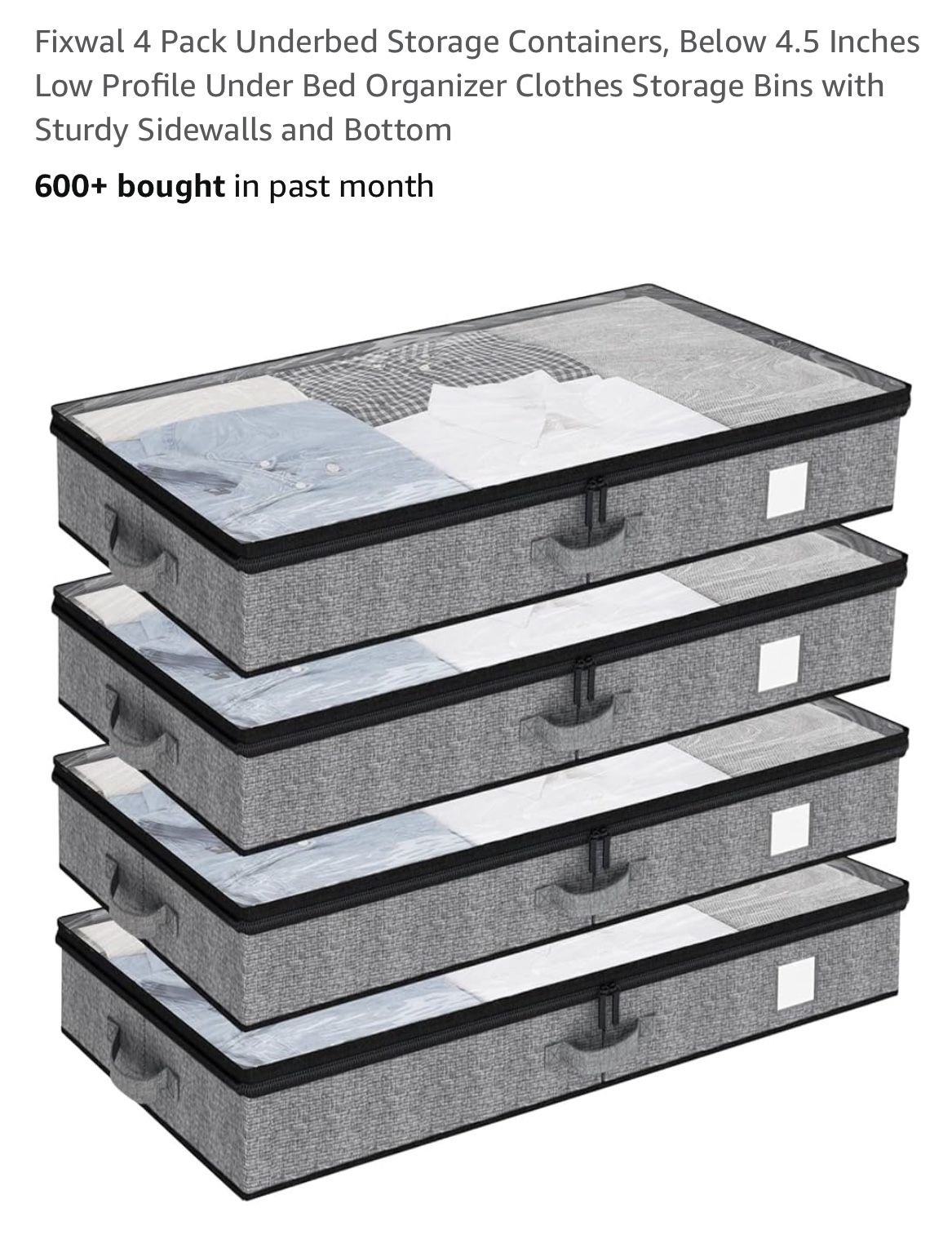 Fixwal 4 Pack Underbed Storage Containers, Below 4.5 Inches Low Profile Under Bed Organizer Clothes Storage Bins with Sturdy Sidewalls and Bottom