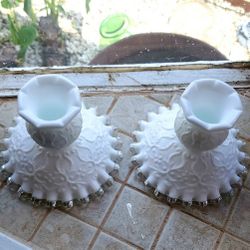 Vintage Fenton Spanish Lace PaIr Of Silver Crest Candle Holders