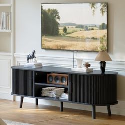 Mid Century Modern TV Stand for TVs up to 60 Inch, Entertainment Center with Fluted Sliding Doors