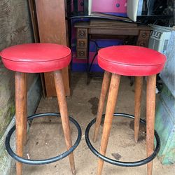mid-century modern wooden bar stools red vinyl upholstered seats