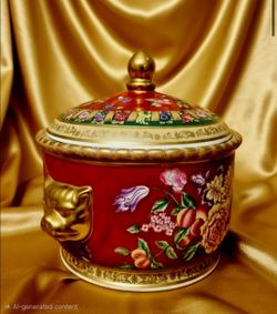 Vintage Oriental Accent porcelain tureen Red HandPainted Lions Floral Motif