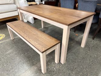 Light Wood Two Tone Modern Farmhouse Rectangular Dining Table w/ Bench