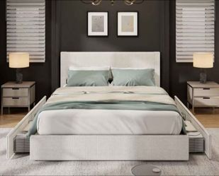 King Size Platform Bed Frame with 4 Storage Drawers, Upholstered Channel Tufted Wingback Headboard