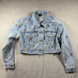 PacSun Playboy Women's XS/S Blue Cropped Distress Denim Jacket Crop AOP #1773