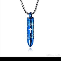 Blue Stainless Steel Lord's Prayer Bullet Pendant