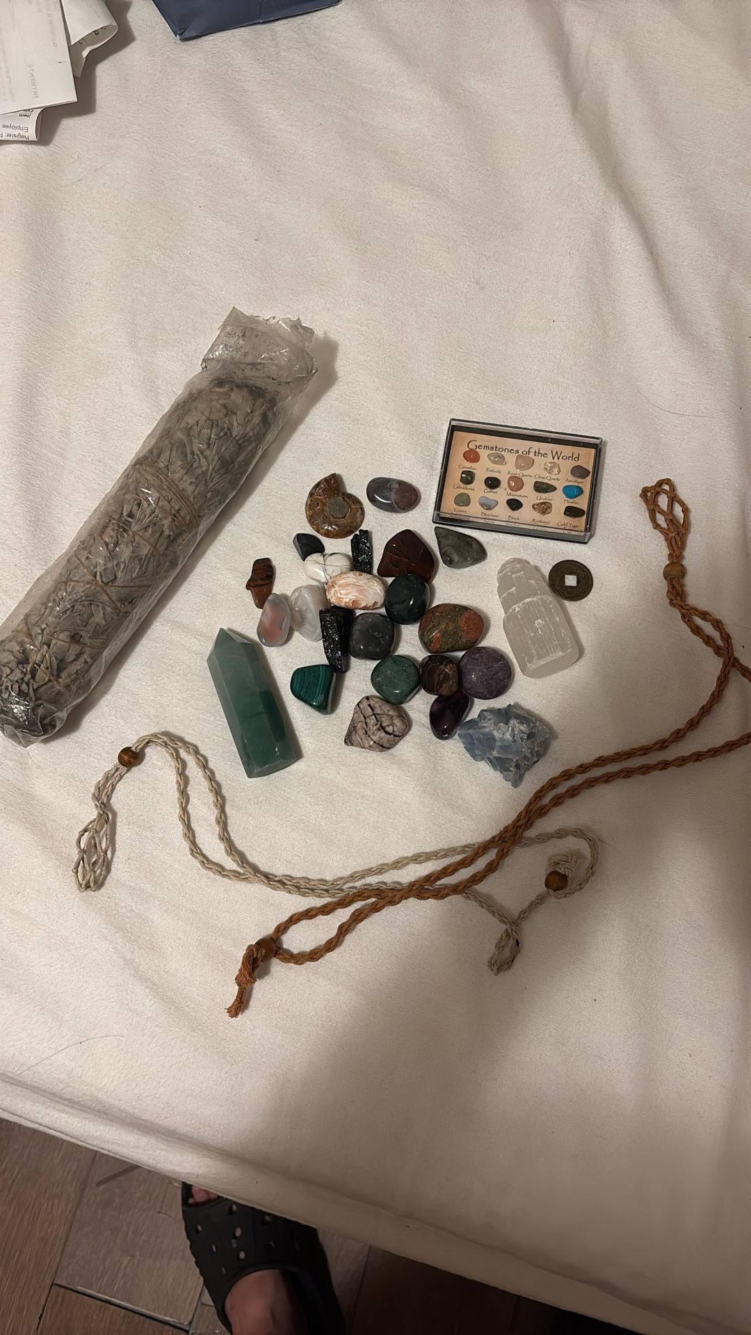 Crystals And Gems With White Sage And Necklace Holder