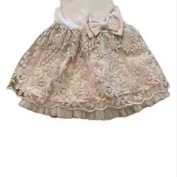 Easter dress 12 month pink bow/ tulle gold flowers embroyed