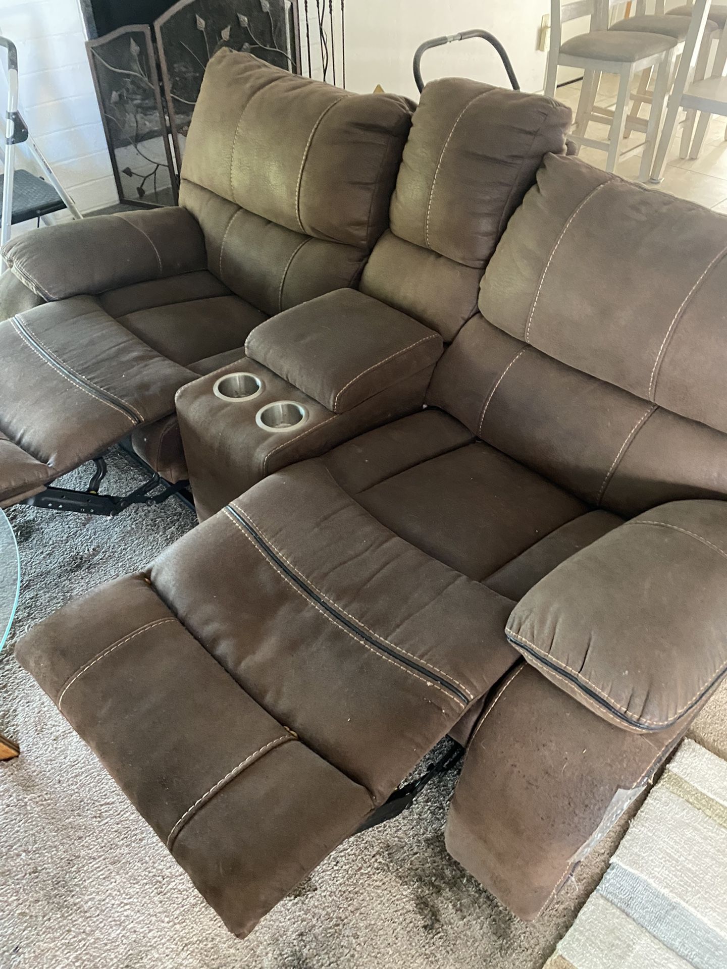 Leather Suede Couch Brown With Double Recliner La-z-boy