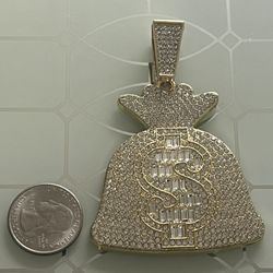 Money Bag Dollar Sign Gold Plated Pendant With Clear Rhinestones 3” 