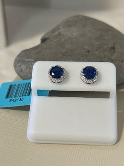6mm Sterling Silver Blue Sapphire Stone Halo Stud Earrings