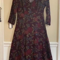 Eddie Bauer Burgundy Floral Midi Dress Long Sleeve V-Neck Side Zipper Size Small