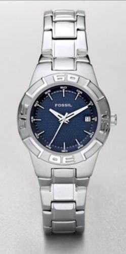 Fossil Blue Watch Silver Band with Date Indicator