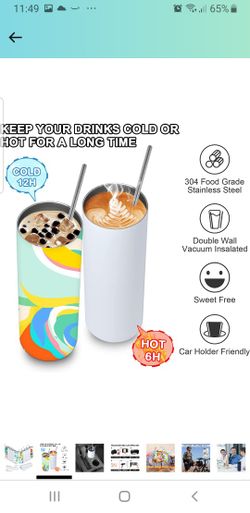 20 oz sublimation tumbler skinny straight, 5 Pack skinny tumblers with lids  and straws, Double Wall 304 Stainless Steel sublimation cups blank with