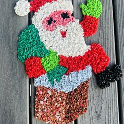 Vintage Melted Popcorn Santa in the chimney Christmas Decoration.  18” tall x 14” wide . Front and back are shown.   can be used inside or outside.